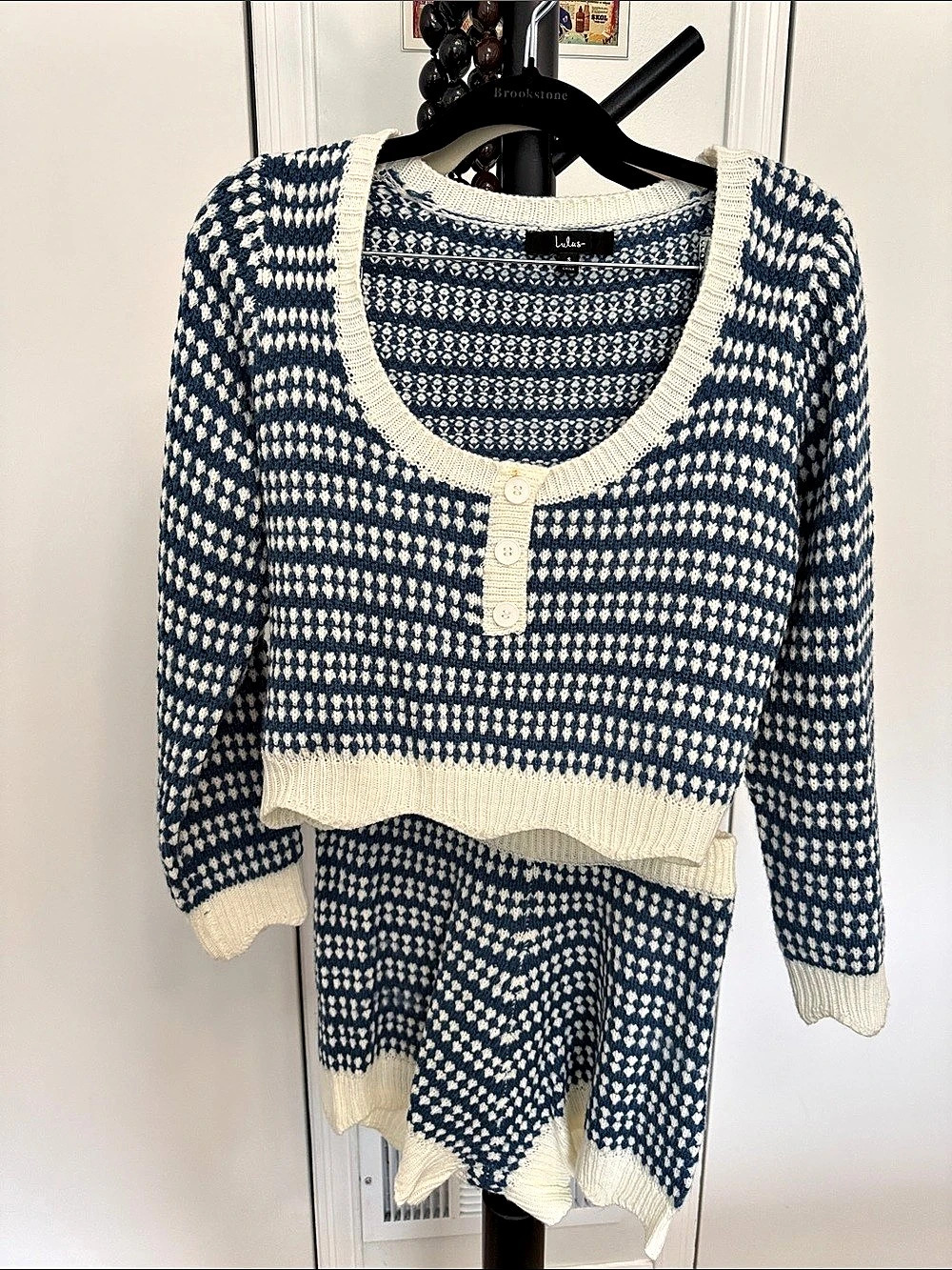 Lulus Adorably Comfy Blue and White Striped Cropped Scoop Neck Sweater & Lounge